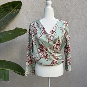 Zara Floral Print Long Sleeves Wrap Top Mint Green Brown Size Medium Blouse